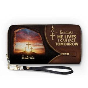 Because He Lives I Can Face Tomorrow - Personalized Custom Leather Long Wallet - Christian Gifts For All Believers, Jesus Lovers