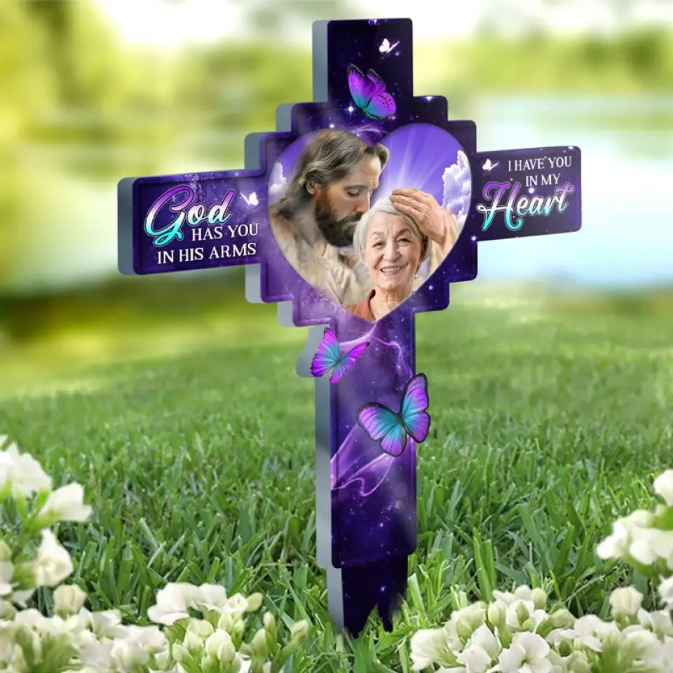 Custom Photo God Has You In His Arms - Memorial Personalized Custom Stain Glass Style Acrylic Garden Stake - Sympathy Gift For Family Members