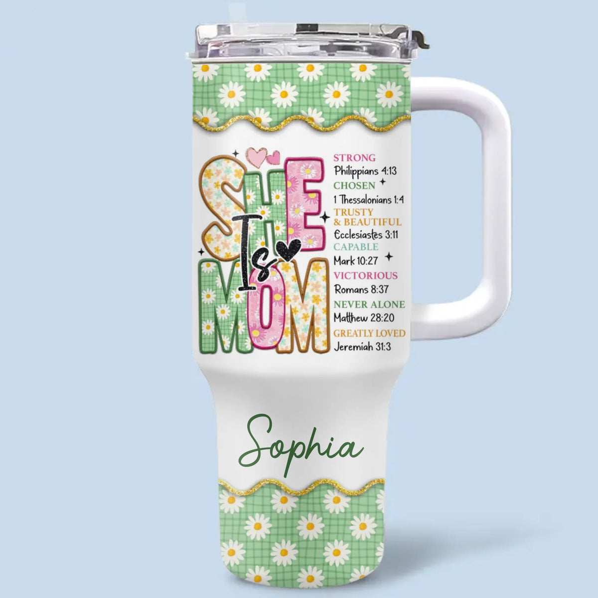 Faithful, Fearless, Forever Mom - Personalized Custom 40 Oz Stainless Steel Tumbler With Handle - Christian Gifts For All Believers, Jesus Lovers