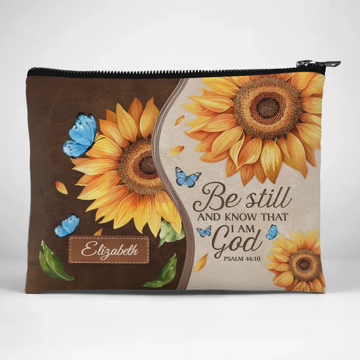 Sunflower Faith, Be Still And Know That I Am God - Personalized Custom Cosmetic Bag - Christian Gifts For All Believers, Jesus Lovers