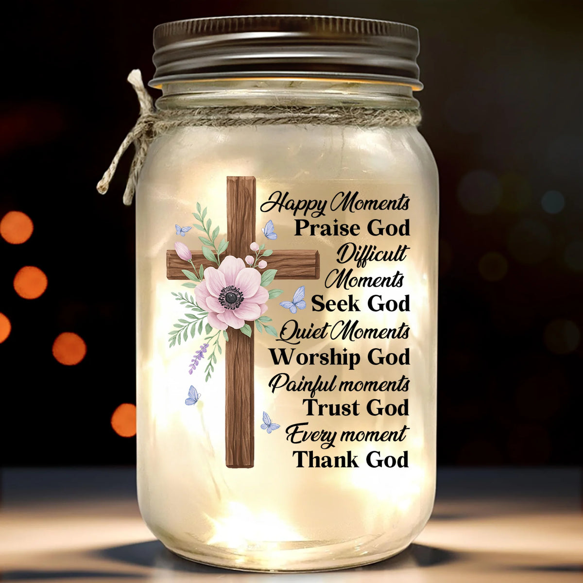 Happy Moments Praise God - Mason Jar Light - Christian Gifts For All Believers, Jesus Lovers