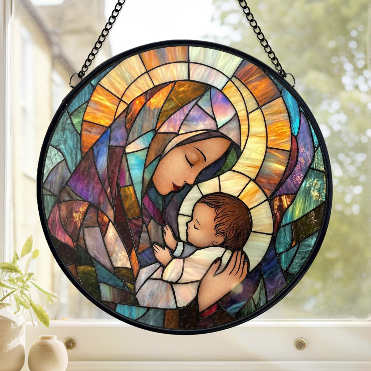 In His Embrace, I Find Peace - Stained Glass Window Hanging Suncatcher - Catholic Gifts For All Believers