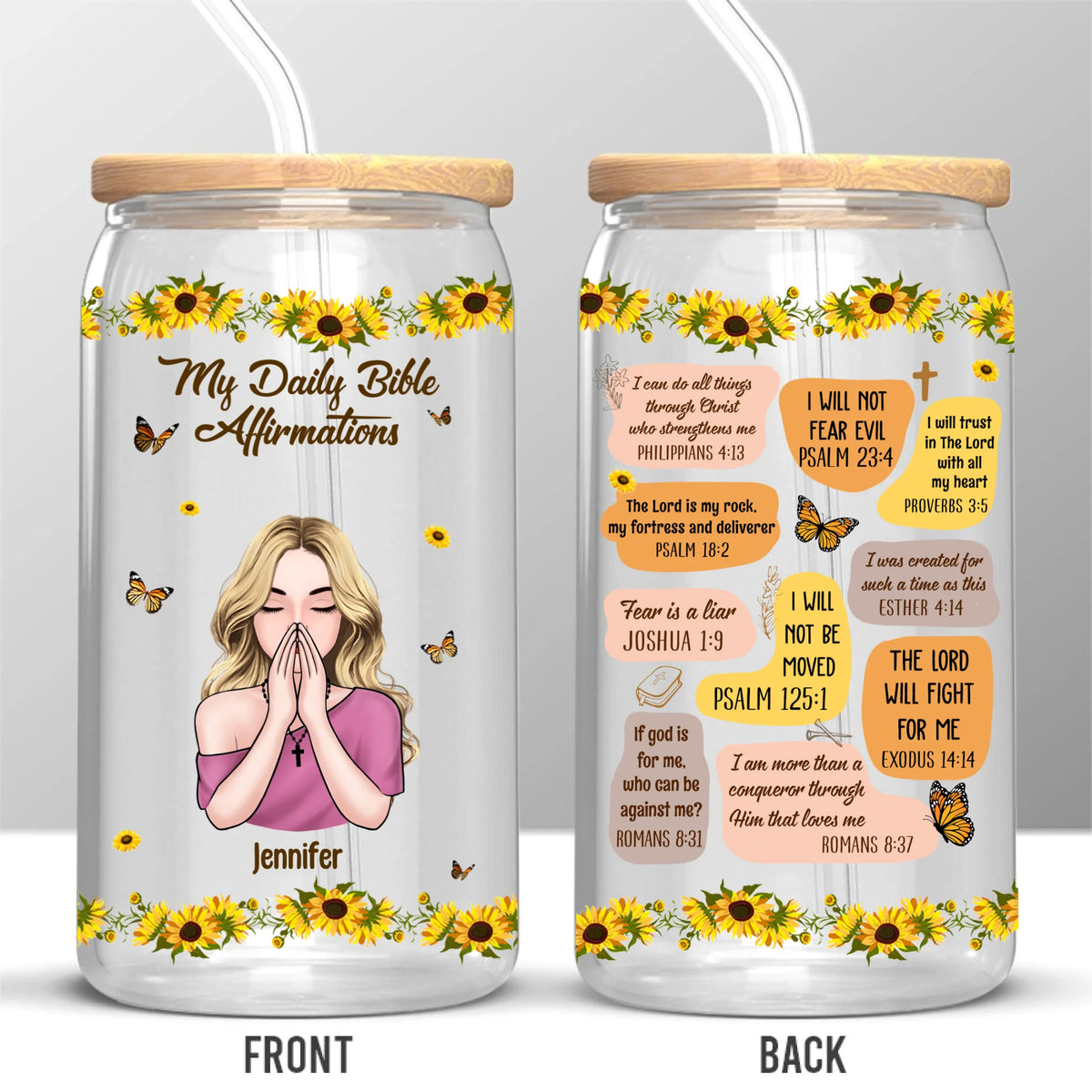 Custom Glass Cup, Iced Coffee Cup - Personalized Christian Affirmation Gifts For Yourself, All Believers, Jesus Lovers - My Daily Bible Affirmations