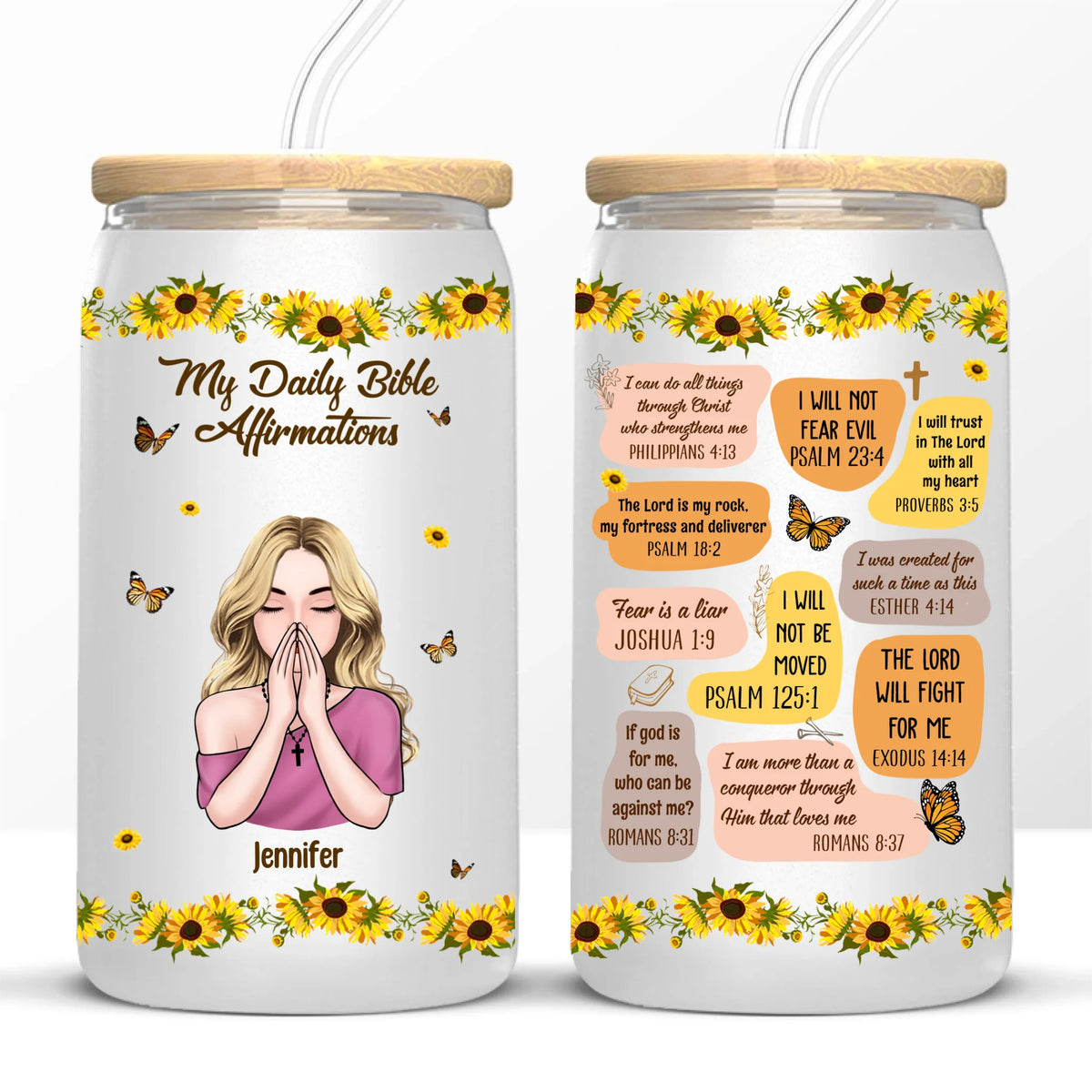 Custom Glass Cup, Iced Coffee Cup - Personalized Christian Affirmation Gifts For Yourself, All Believers, Jesus Lovers - My Daily Bible Affirmations