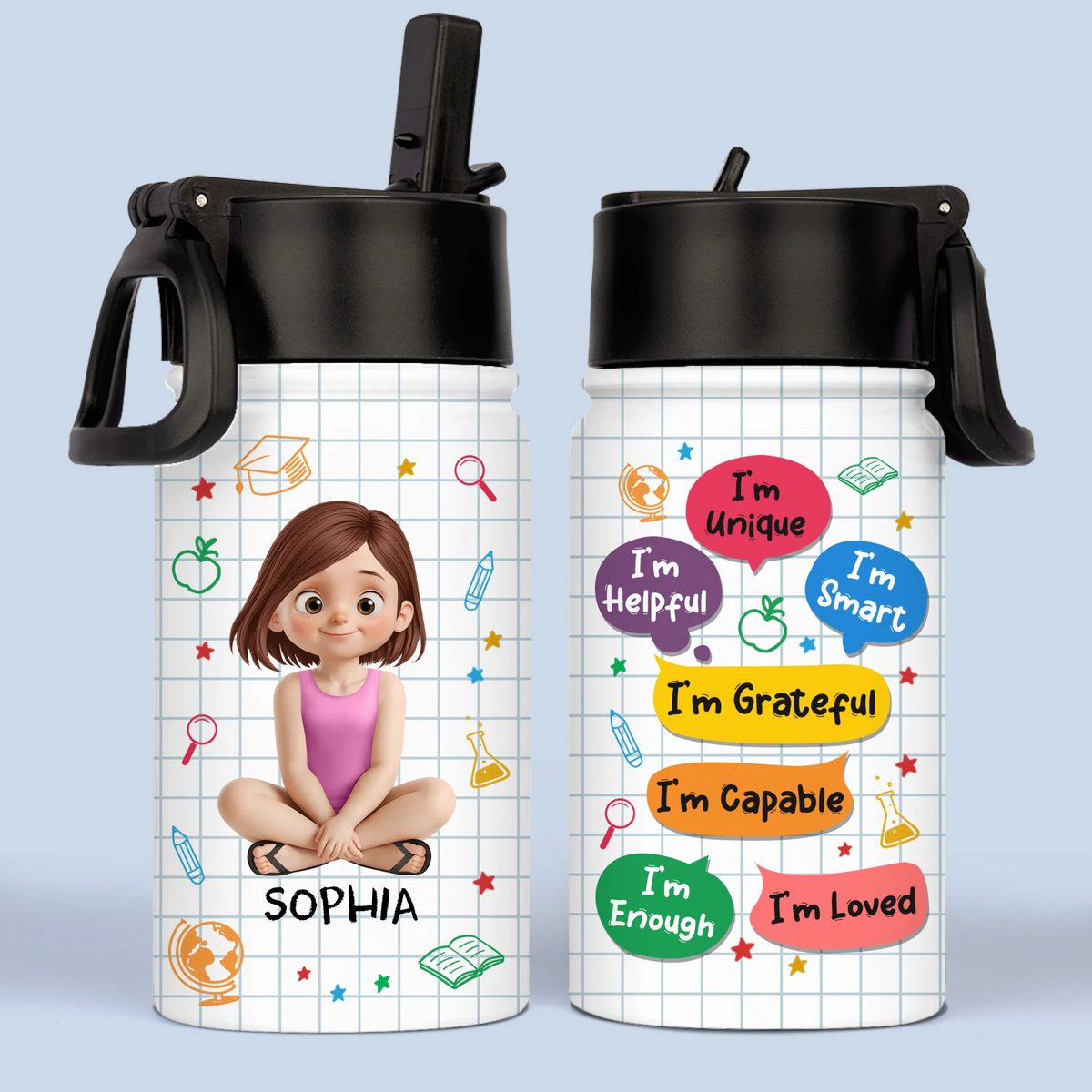 Custom Kid Water Bottle - Personalized Back To School Christian Gifts For Kids - Created To Grow With God